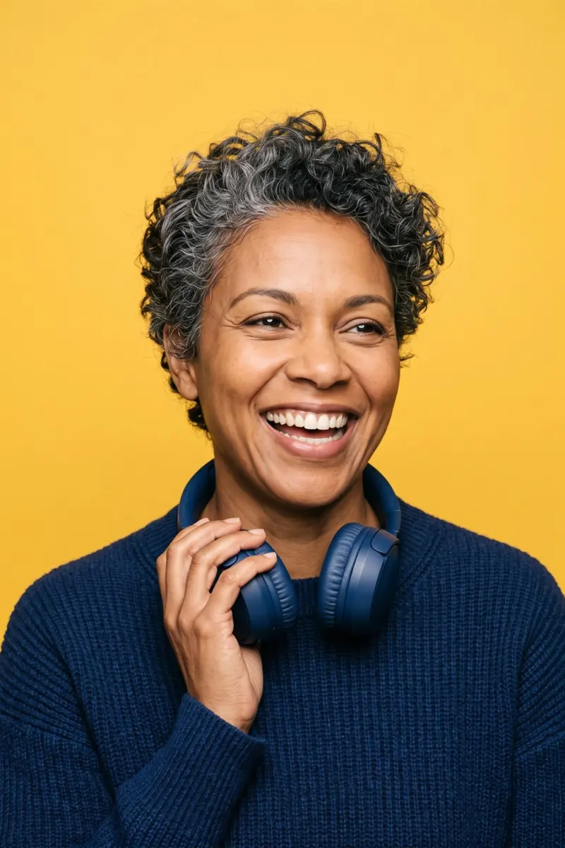 Mujer sonriente con auriculares sobre fondo amarillo