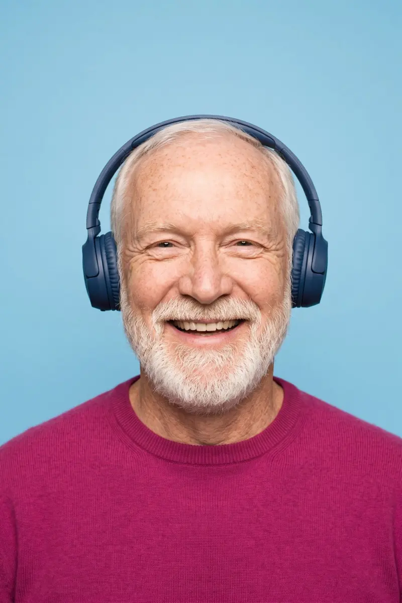 Hombre mayor con barba blanca y auriculares riendo sobre fondo azul claro