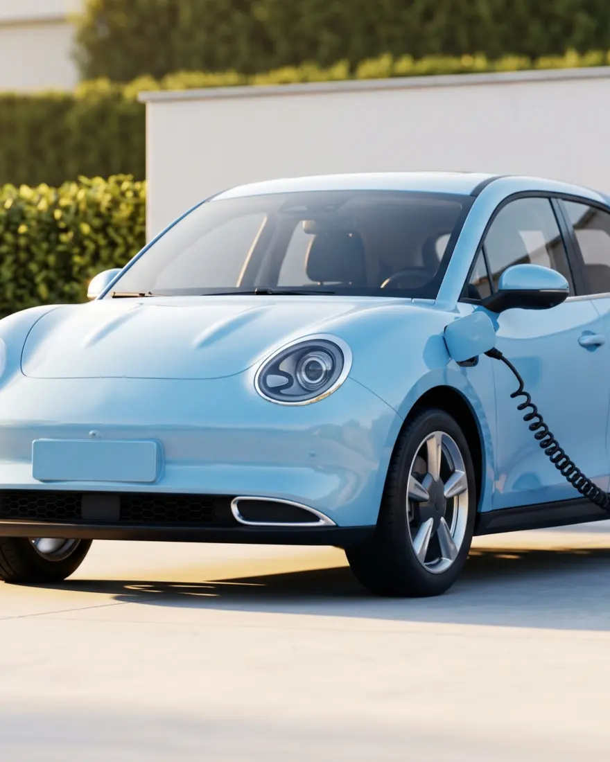 Coche eléctrico compacto de color azul claro cargando junto a la pared de una casa