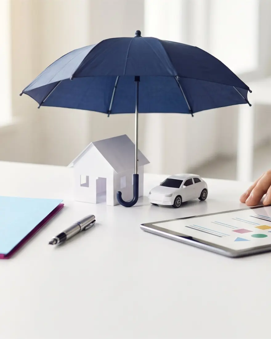 Escritorio de un mediador de seguros con una casa de papel y un coche en miniatura bajo un paraguas