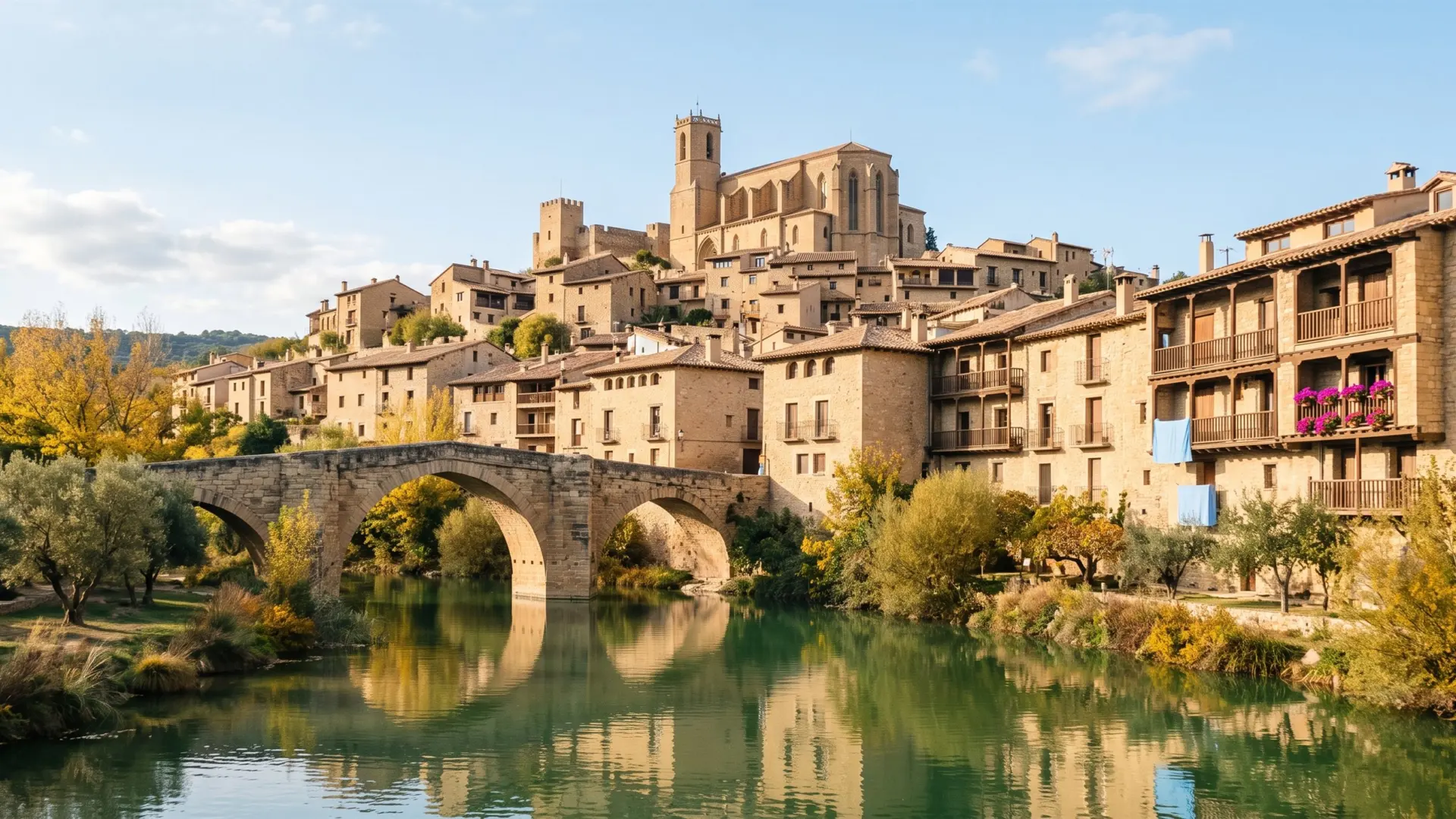 Pueblo medieval de piedra en una colina con un puente sobre el río, en otoño