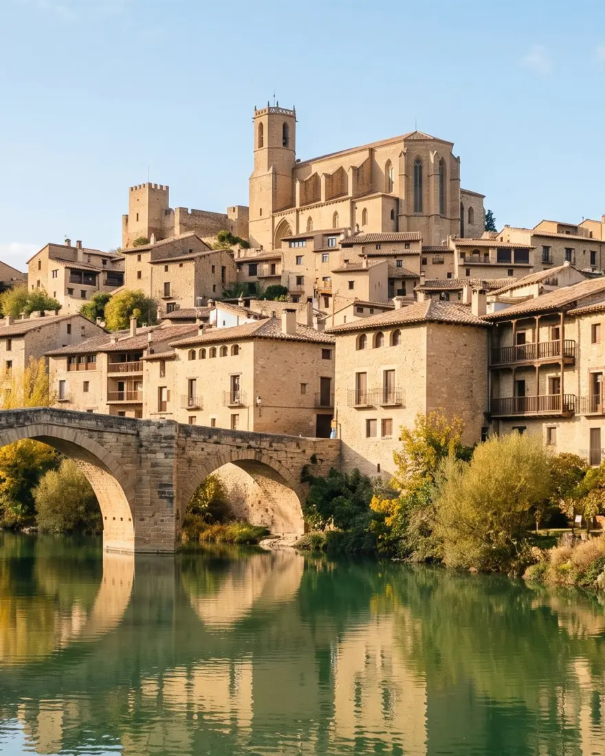 Pueblo medieval de piedra en una colina con un puente sobre el río, en otoño