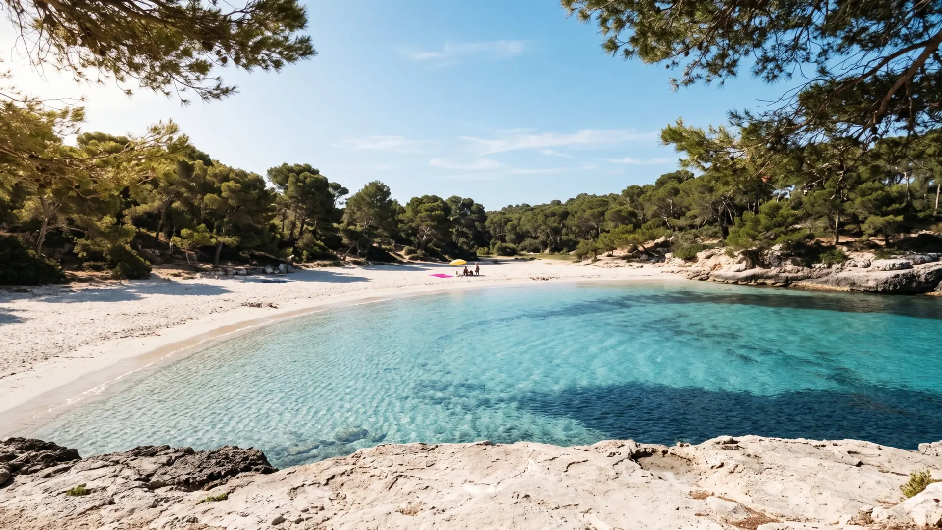 Cala mediterránea de agua turquesa con pinos y arena blanca