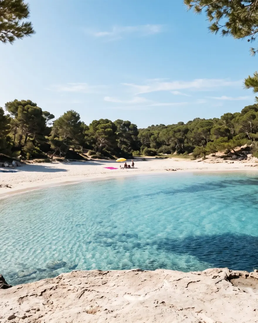 Cala mediterránea de agua turquesa con pinos y arena blanca